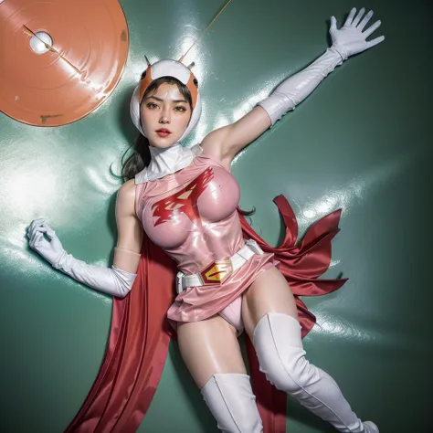 ANI_CLASSIC_jun_gatchaman_ownwaifu,1girl, 16 years old,good anatomy, masterpiece, best quality,realistic, hyperrealistic, 16k hdr, long hair,breasts,green eyes,lips,large breasts,lipstick,makeup,gloves,cape,helmet,belt,elbow gloves,white gloves,mask,ultra ...