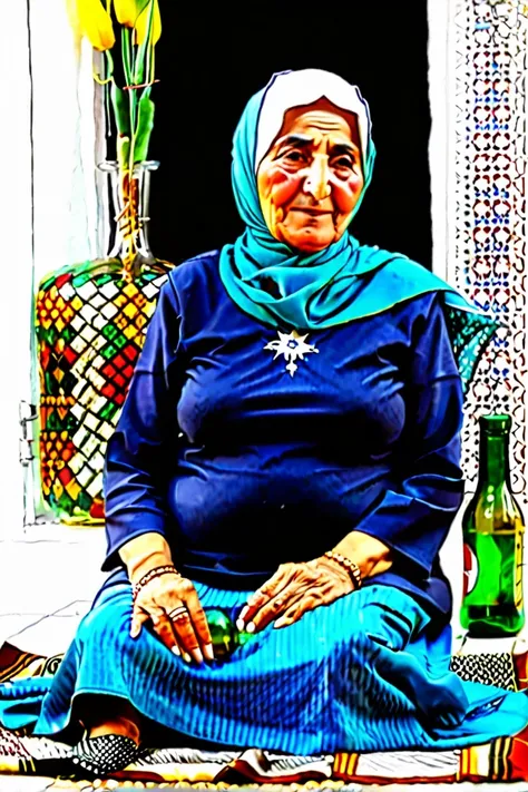 Kurdish older mature woman in straight hijab sitting at bottle 