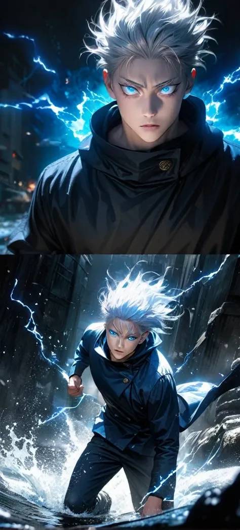  High quality, ultra realistic,absurdres, highres, ultra detailed, HDR, masterpiece, extremely detailed face and eyes,  Gojo satoru , jujutsu kaisen,, white hair ,black shirt , solo, ,man, handsome, ,white eyeleshes, blue eyes , Epic fight scene, blue spla...