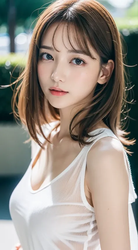 1womanl, up of face, mideum breasts, light brown hair, Blunt bangs, hair behind ear, hair over shoulder, Long hair, slender body shape, Ultra Fine Face, Thin face, Delicate lips, Beautiful eyes, thin blush, eyes are light brown, perfect glossy skin, flawle...