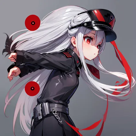 1girl, loock at sky, veiv from side, in uniform, grey background, black uniform, red elements on unifrom, 1940-1945 military cap, red eyes, grey hair