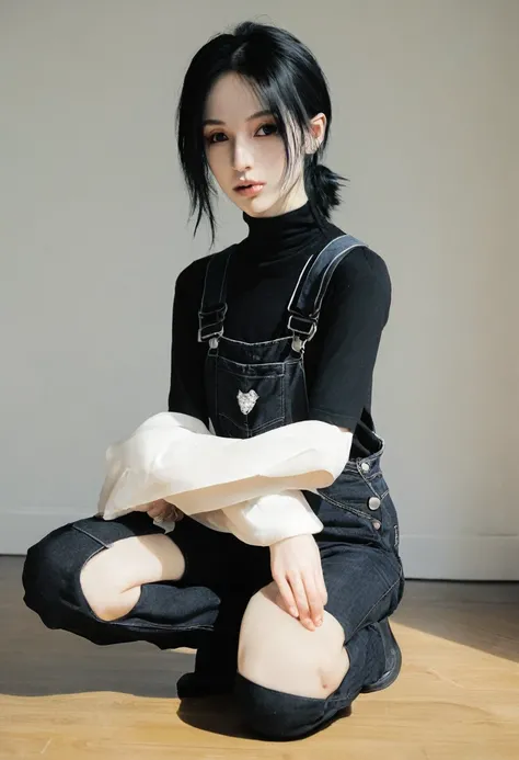 Pale goth, skinny arms, black overalls, kneeling,