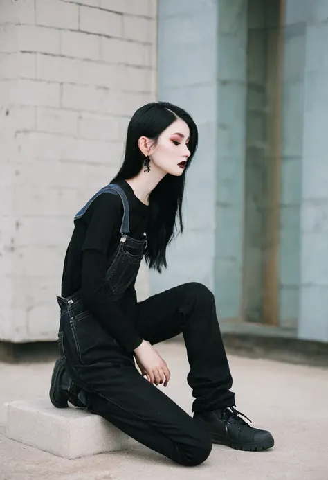 Pale goth, skinny arms, black overalls, kneeling,