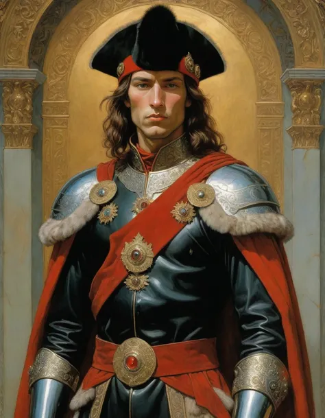 Design me a {{Colossal Masterpiece, high detail}}, a ((((full body portrait, male focus)))), ((by Moebius)), the composition is: a very young male nobleman, sullen, facing viewer. He is wearing a fur hat. He is wearing a black leather Praetorian armor with...