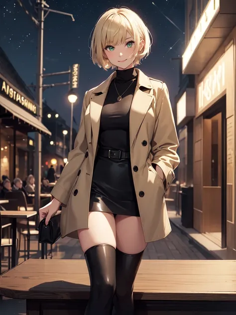 1girl, short blonde hair with bangs, almond shaped green eyes, wearing a simple black turtleneck, an elegant beige coat, a black mini skirt, black knee high boots, slight makeup, rose lipgloss, smiling softly, black barret, absurdres, high res, ultrasharp,...