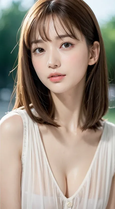 1womanl, up of face, mideum breasts, light brown hair, Blunt bangs, hair behind ear, hair over shoulder, Long hair, slender body shape, Ultra Fine Face, Thin face, Delicate lips, Beautiful eyes, thin blush, eyes are light brown, perfect glossy skin, flawle...