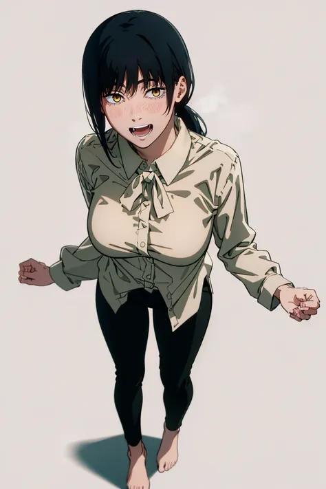 ((a girl in casual clothes)),((pink long sleeve blouse)) , black pants, looking at the viewer in a lascivious manner, blushing, and sweating a lot, panting, with one hand raised, white background, first person look, pov, from above, saliva,full body ,csm a...