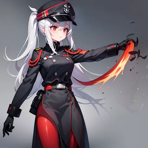 1girl, loock at sky, veiv from side, in uniform, grey background, black uniform, red elements on unifrom, 1940-1945 military cap, red eyes, grey hair, medium breasts, clothed, rains