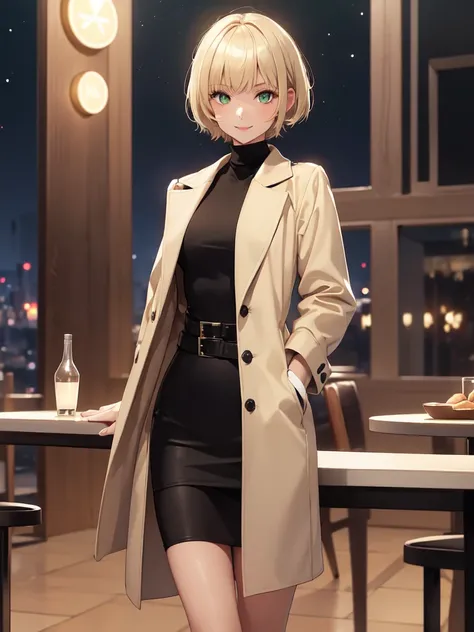 1girl, short blonde hair with bangs, almond shaped green eyes, wearing a simple black turtleneck, a long elegant beige coat, a black mini skirt, black knee high boots, slight makeup, rose lipgloss, smiling softly, black barret, absurdres, high res, ultrash...