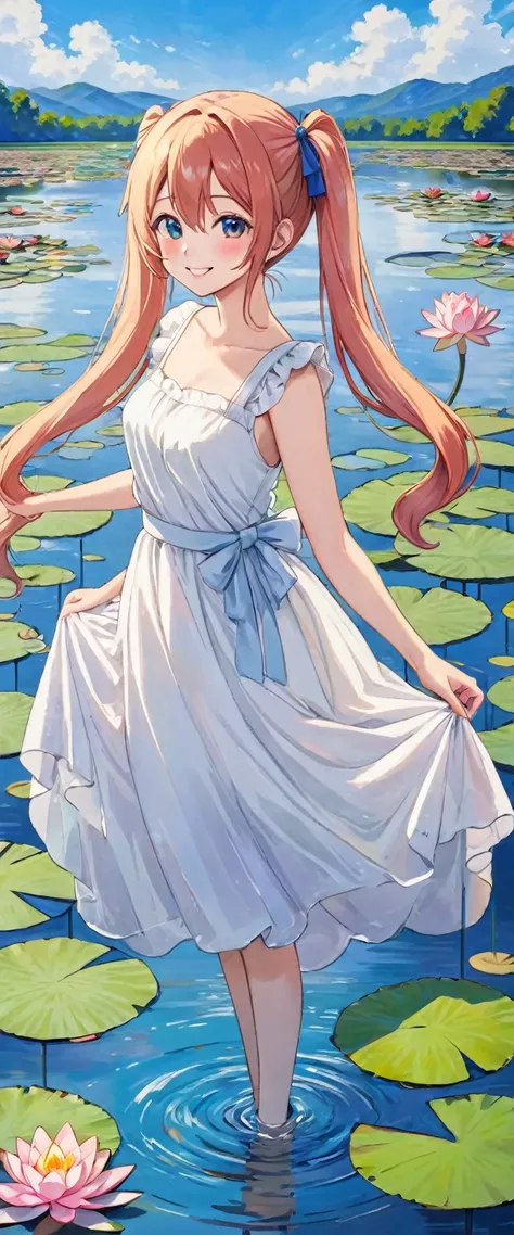 Long hair in twin tails，Beautiful girl with twin tails、water．water lily(many, Impressionism, oil)、White Dress、Bright smile、Masterpiece、Blue Sky