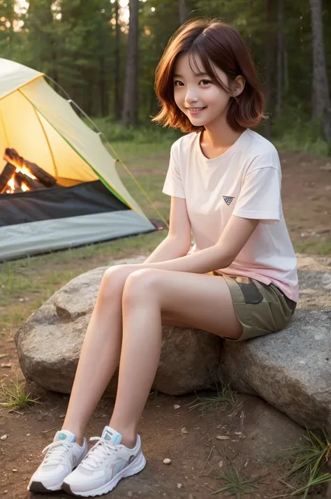 Girl looking at campfire, campsite tent, junior high school third grade, ((full body)), ((photo)), ((best qualtiy, 8K, tmasterpiece:1.3)), Focus:1.2, perfect figure beautiful child:1.4, 1, cowboy shot, look at viewer, incredibly absurd, beautiful and cute ...