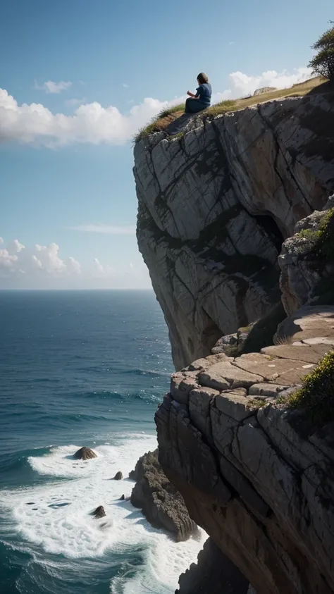 a man sitting on top of a cliff next to the ocean, a picture, inspired by Christophe Vacher, jesus face, praying at the sun, 😃😀😄☺🙃😉😗, high quality picture, kneeling in prayer, profile picture, his eyes are closed, 256x256, ! holding in his hand !, avatar i...