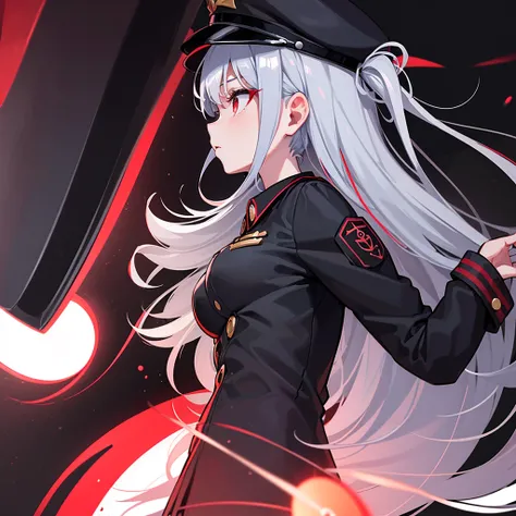 1girl, loock at sky, veiv from side, in uniform,, black uniform, red elements on unifrom, 1940-1945 military cap, red eyes, grey hair, medium breasts, clothed, dark background, red forearm band with a white circle and a symbol inside it