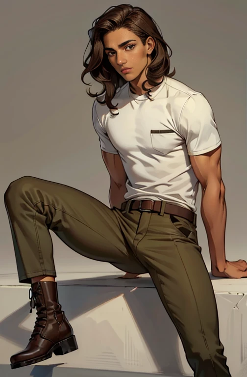 Handsome androgynous youth(soft youthful male physique, flat chest, feminine facial features) ,golden brown sparkling eyes, Long eyelashes, One , latina face, dark skin, long natural curly brown hair, get up, draw up, Lips are soft, simple background, smoo...