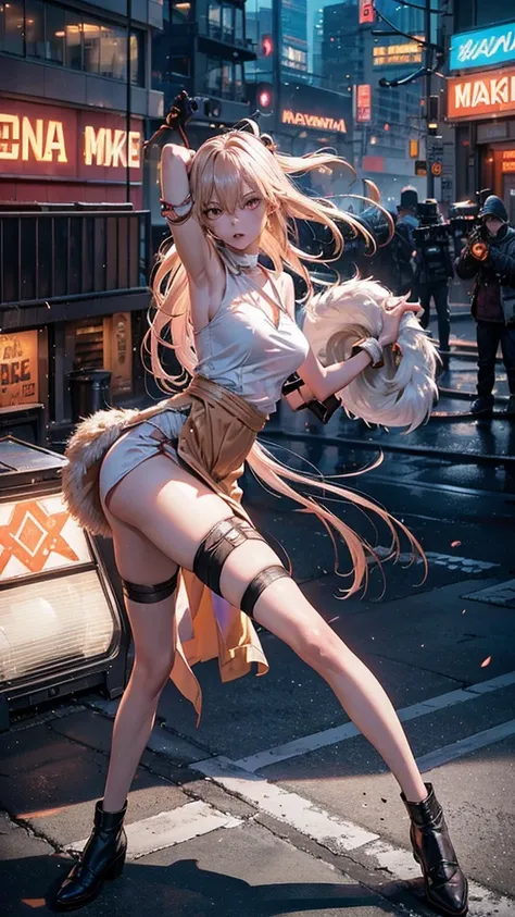 Fashion photography of real-life Makima from Chainsaw Man, in an action pose with an amazing camera angle. The setting is a dynamic urban environment, with buildings and neon lights in the background. The composition centers Makima, capturing her mid-movem...