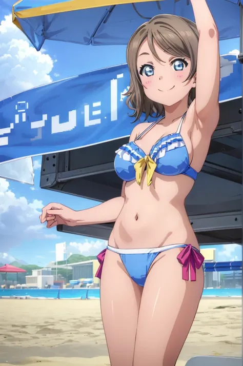 (((pixel-perfect, detail-perfect))), solo, 1girl, you watanabe, eyes azzur, smile, bikini, summer beach, armpit, big filesize, ultra High Qality