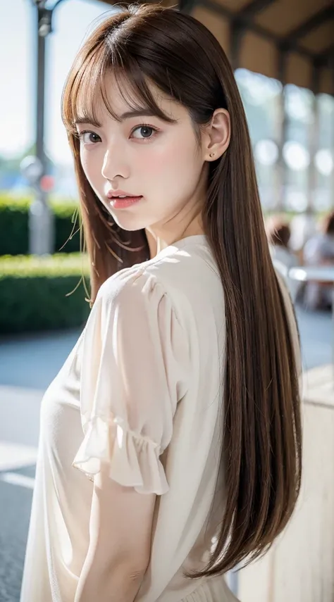 1womanl, up of face, mideum breasts, light brown hair, Blunt bangs, hair behind ear, hair over shoulder, Long hair, slender body shape, Ultra Fine Face, Thin face, Delicate lips, Beautiful eyes, thin blush, eyes are light brown, perfect glossy skin, flawle...