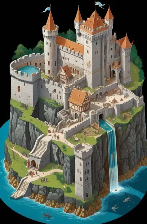 (((map of the fantastic continent with isometric cutaway view of the medieval castle, Cross-sectional view, labeled parts, Detailed technical drawing, with fantastic creatures ))) stone walls with windows, fortified towers with wooden parts, mechanical bas...