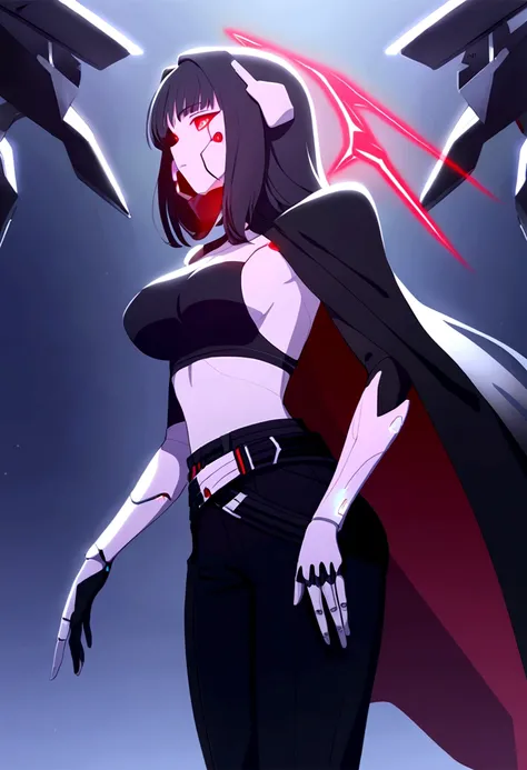 Long black hair woman, red eyes, cybernetic face mask with red LEDs, wings on the back side of the face mask, fully cybernetic right arm, normal left arm, having a black long shoulder cape on the right arm, wearing a black crop top covering medium sized br...