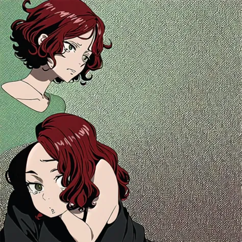 girl with short curly red hair and green eyes, black top,crying,one piece version
