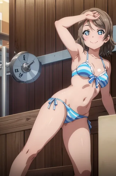 (((pixel-perfect, detail-perfect))), solo, 1girl, you watanabe, eyes azzur, smile, bikini, sauna, armpit, big filesize, ultra High Qality