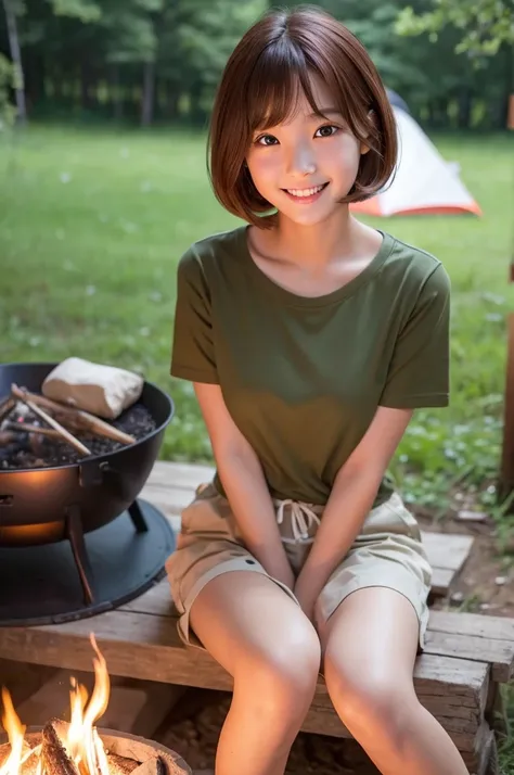 Girl looking at campfire, campsite tent, junior high school third grade, ((full body)), ((photo)), ((best qualtiy, 8K, tmasterpiece:1.3)), Focus:1.2, perfect figure beautiful child:1.4, 1, cowboy shot, look at viewer, incredibly absurd, beautiful and cute ...