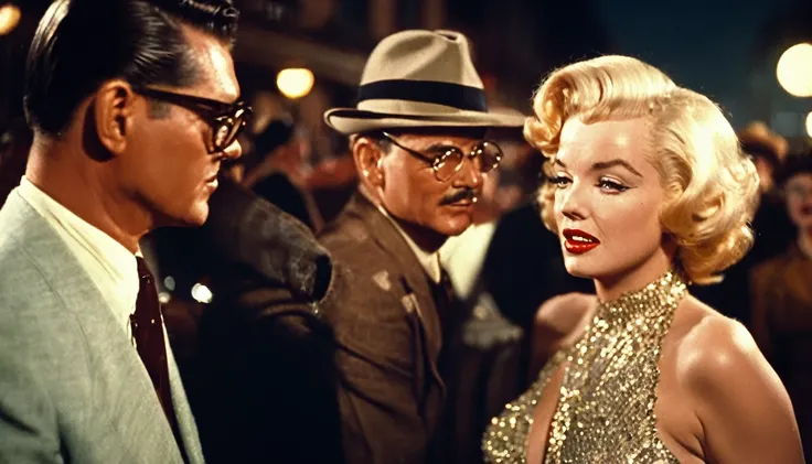 a vintage color film still of Marilyn Monroe with makeup looking at balding Clark Gable who has glasses and is clean shaving outside a hollywood matinee at night, vintage photo, , panavision, 16:9, vintage photography, haze, bokeh, glamorous composition, f...