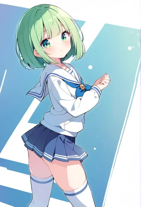 1 girl, cute, young, green hair, bob haircut, green eyes, sailor uniform, mini skirt, hoodie, thigh high,