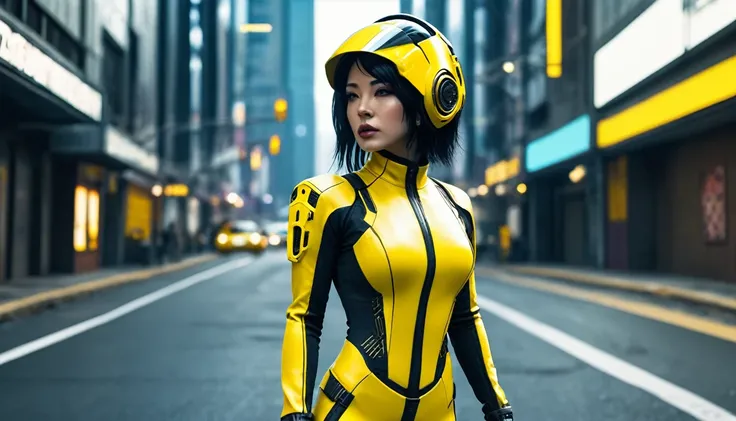 (yellow cyber punk speed tactical suit:1) (1 Female) Dark Theme :: Focus on close-up face, Serious face, Civetik visor, :: Medium Black Hair, Thick thighs :: ultra realistic futuristic speedster scifi cyber punk athletic woman, Iris, ((Run down the middle ...