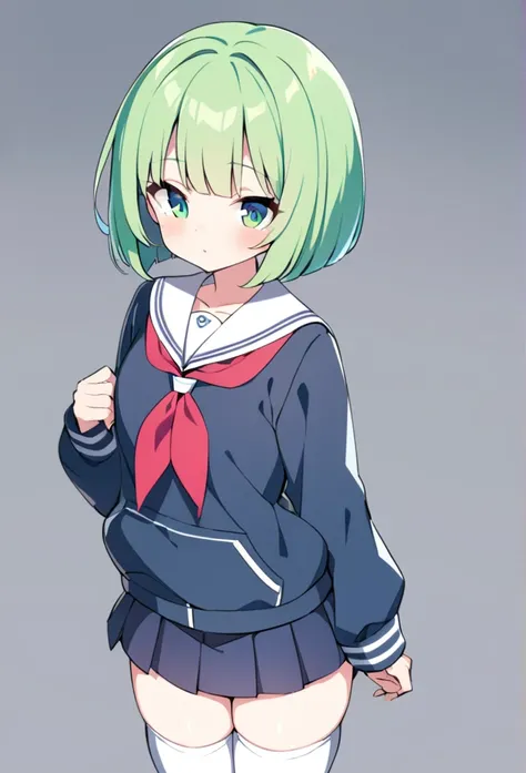 1 girl, cute, young, green hair, bob haircut, green eyes, sailor uniform, mini skirt, hoodie, thigh high,