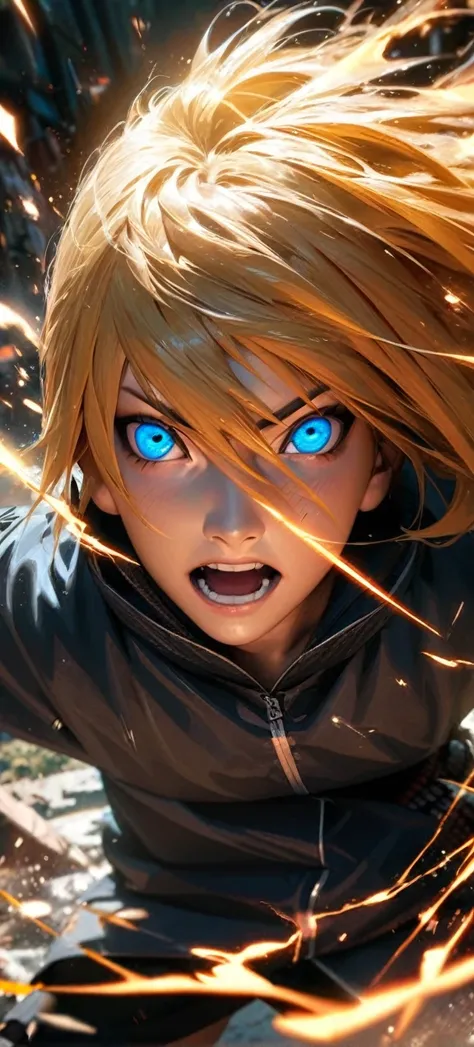  High quality, ultra realistic,absurdres, highres, ultra detailed, HDR, masterpiece, extremely detailed face and eyes,  Naruto kurama mode , naruto,, yellow hair , , solo, ,man, handsome, ,white eyeleshes, blue eyes , Epic fight scene, orange splashing eff...