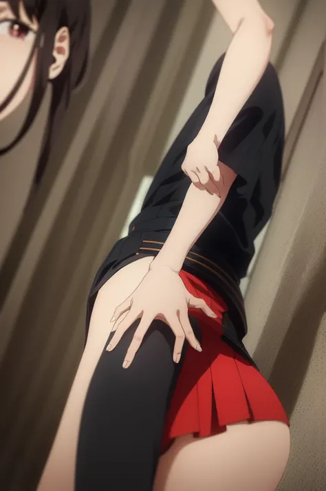 nswf,(wearing ,school uniform:1.3),{from behind, upskirt}, (panties:red)(from below:1.4), Top quality, 1 beautiful Japanese woman, teen,high school student,(18 years old),medium hair, (Black hair:1.2), Ultra-realistic capture, Highly detailed, High resolut...