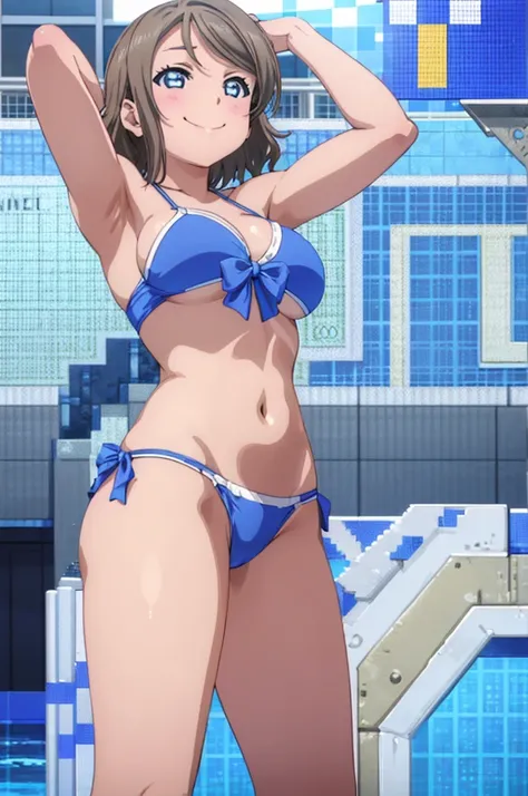 (((pixel-perfect, detail-perfect))), solo, 1girl, you watanabe, eyes azzur, smile, bikini, pool, armpit, big filesize, ultra High Qality