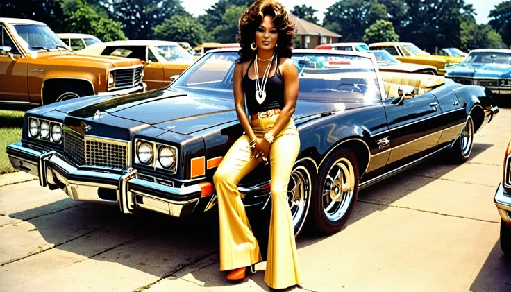 1970s photo of "Young Jeezy" wearing 1970s attire, classic cars, beautiful multiracial women, 