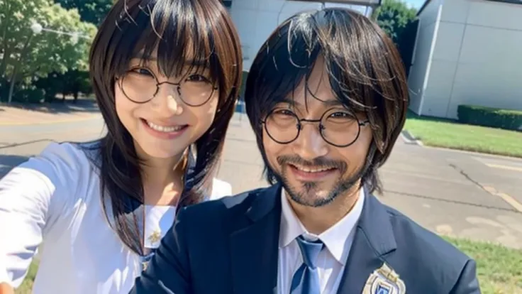 Suzuka takes a selfie with a man in a suit with his bangs down