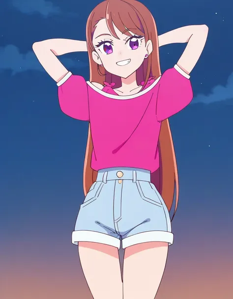 hijiri ageha, brown hair, long hair, purple eyes,
pink shirt, off-shoulder shirt, puffy short sleeves, denim shorts, high qualit...