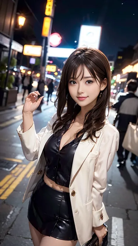 A beautiful woman wearing a deep V-neck shirt under a jacket, paired with a suit mini skirt, walking through a night cityscape with the best smile on her face. Detailed and intricate features, high-quality (luxury:1.4), ultra-realistic 8K, perfect face, fl...