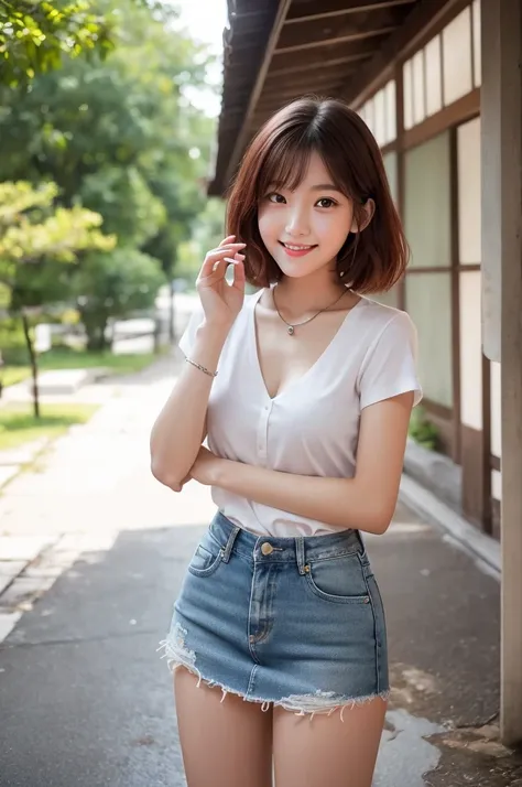 Under the eaves of a building, college freshman, ((full body)), ((photo)), ((best qualtiy, 8K, tmasterpiece:1.3)), Focus:1.2, perfect figure beautiful girl:1.4, 1girl, cowboy shot, look at viewer, incredibly absurd, beautiful and cute girl with a photoreal...