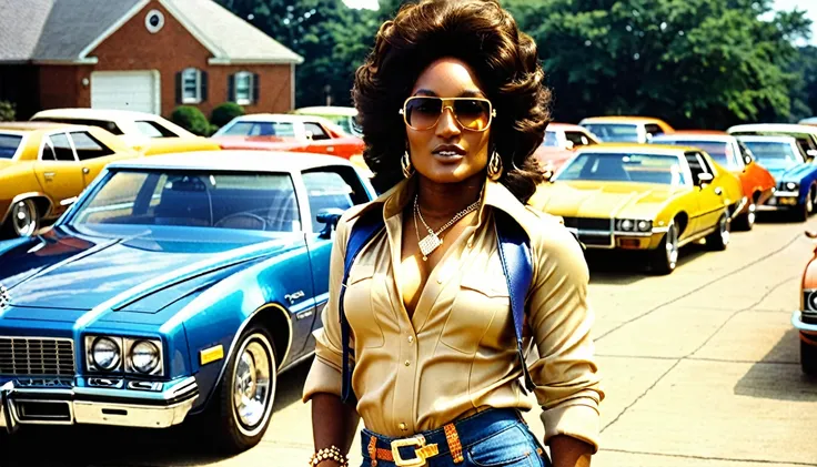 1970s photo of "Young Jeezy" wearing 1970s attire, classic cars, beautiful multiracial women, 