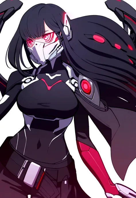 Long black hair woman, red eyes, cybernetic face mask with red LEDs, wings on the back side of the face mask, fully cybernetic right arm, normal left arm, having a black long shoulder cape on the right arm, wearing a black crop top covering medium sized br...