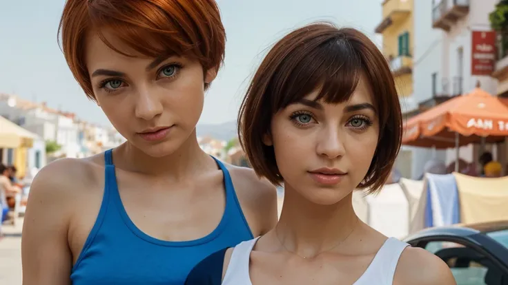 A woman of Turkish appearance,27 years,detailed facial features,(Amber eyes color:1.3),Greece eyes shape, Thin eyebrows,Full lips,Scotish jawline,(Pixie cut),Orange hair, royal blue color Shorts and tank top clothes,(Modest),Vertical Panorama Composition,p...