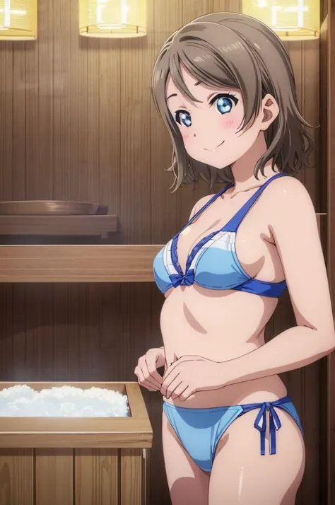 (((pixel-perfect, detail-perfect))), solo, 1girl, you watanabe, eyes azzur, smile, bikini, sauna, armpit, big filesize, ultra High Qality