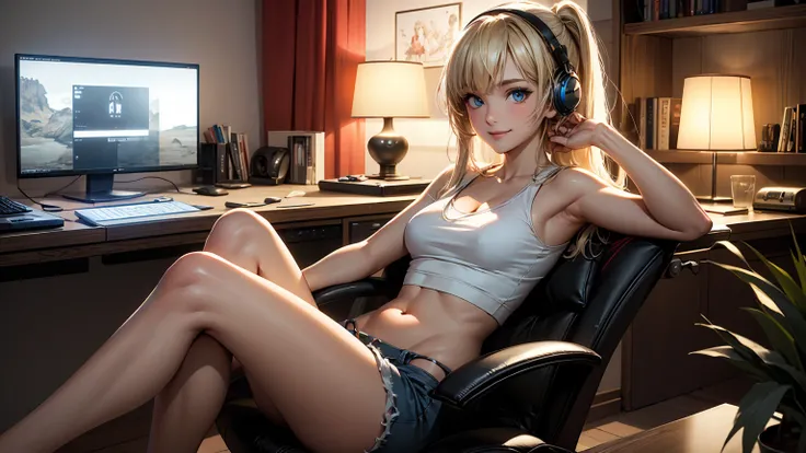 Create a high-quality, detailed image of a beautiful, sexy anime lofi girl with long blonde hair, bright blue eyes, and a smile, sitting at her gaming PC in a cozy lounge. She wears a tank top and shorts, showing her shoulder and midriff, highlighting her ...