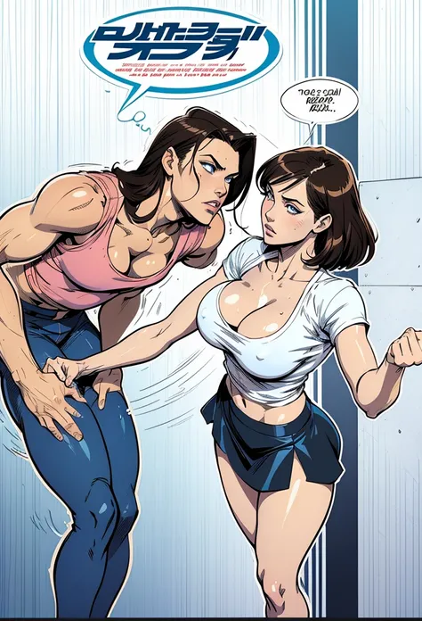 1 man 1 girl Manga comic sensual brunette girl Straight loose hair, blue eyes wet white t-shirt, black tabled skirt In a sensual pose, she teach self defense knee with a woden dummy (bigboob big ass) (wet t-shirt) (highly detailed) (concept art) (manga) (a...