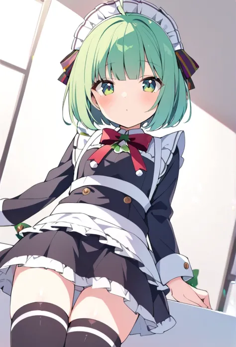 1 girl, cute, young, green hair, bob haircut, green eyes, santa maid, thigh high,