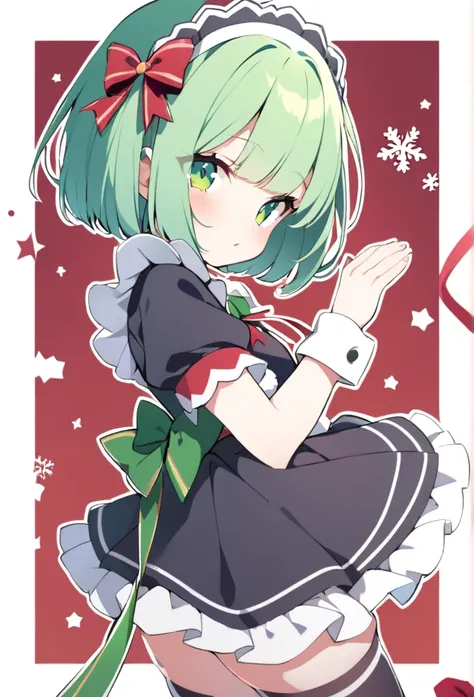 1 girl, cute, young, green hair, bob haircut, green eyes, santa maid, thigh high,