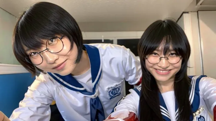 Suzuka takes a selfie with a tall man with his bangs down