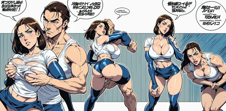 1 man 1 girl Manga comic sensual brunette girl Straight loose hair, blue eyes wet white t-shirt, black tabled skirt In a sensual pose, she teach self defense knee with a woden dummy (bigboob big ass) (wet t-shirt) (highly detailed) (concept art) (manga) (a...