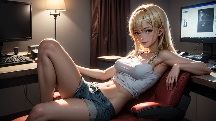 Create a high-quality, detailed image of a beautiful, sexy anime lofi girl with long blonde hair, bright blue eyes, and a smile, sitting at her gaming PC in a cozy lounge. She wears a tank top and shorts, showing her shoulder and midriff, highlighting her ...