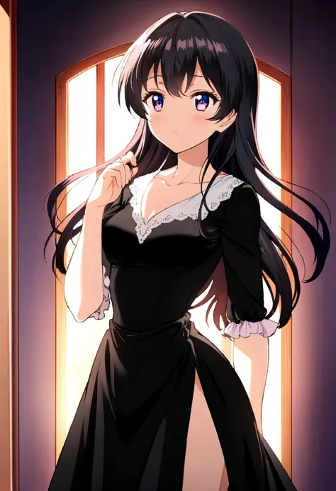 Menina anime with long hair and a black dress posing for a picture, Sayori, visual de anime de uma linda garota, estilo de arte anime moe, loli de vestido, Menina anime weaalsog a black dress, pretty Menina anime, (Menina anime), cute Menina anime, waifu d...